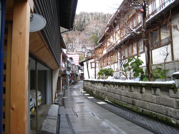 A snowy street in Shibu Onsen